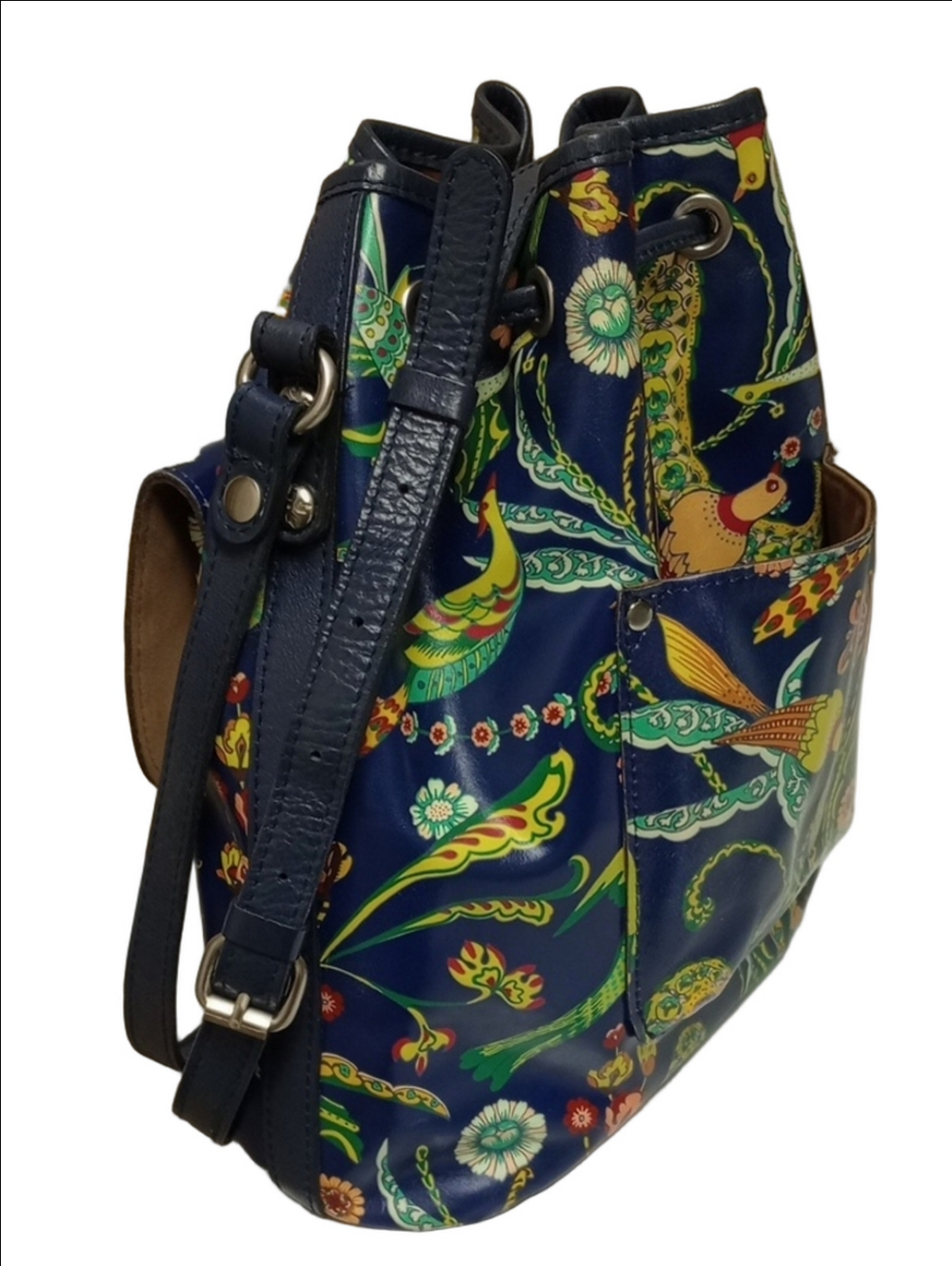 PATRICIA NASH SABINA BIRDS OF PARADISE TROPICAL FLORAL NAVY BLUE DRAWSTRING BAG - Picture 6 of 16